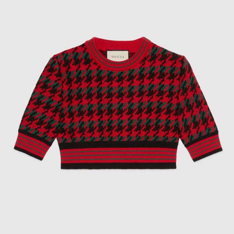 Gucci Women Houndstooth Wool Cropped Sweater Crew Neck Cropped Shape Red and Black