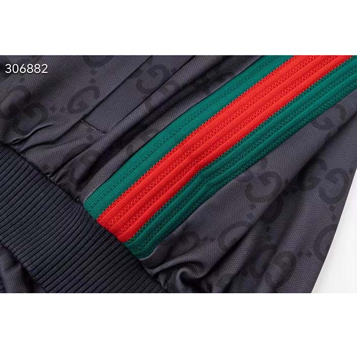 Gucci Women GG Jumbo GG Zip Jacket Web Dark Grey Neoprene Canvas Raglan Sleeves