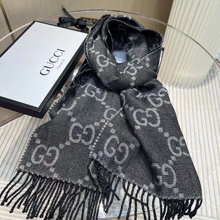 Gucci Unisex GG Jacquard Knit Scarf Tassels Grey Black Wool