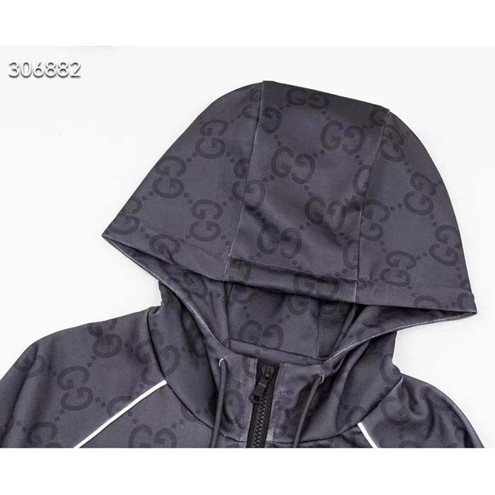 Gucci Women GG Jumbo GG Zip Jacket Web Dark Grey Neoprene Canvas Raglan Sleeves