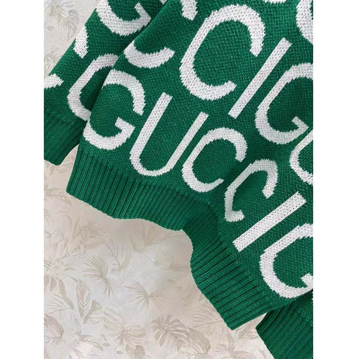 Gucci Women GG Wool Sweater Gucci Intarsia Green Crewneck Dropped Shoulder