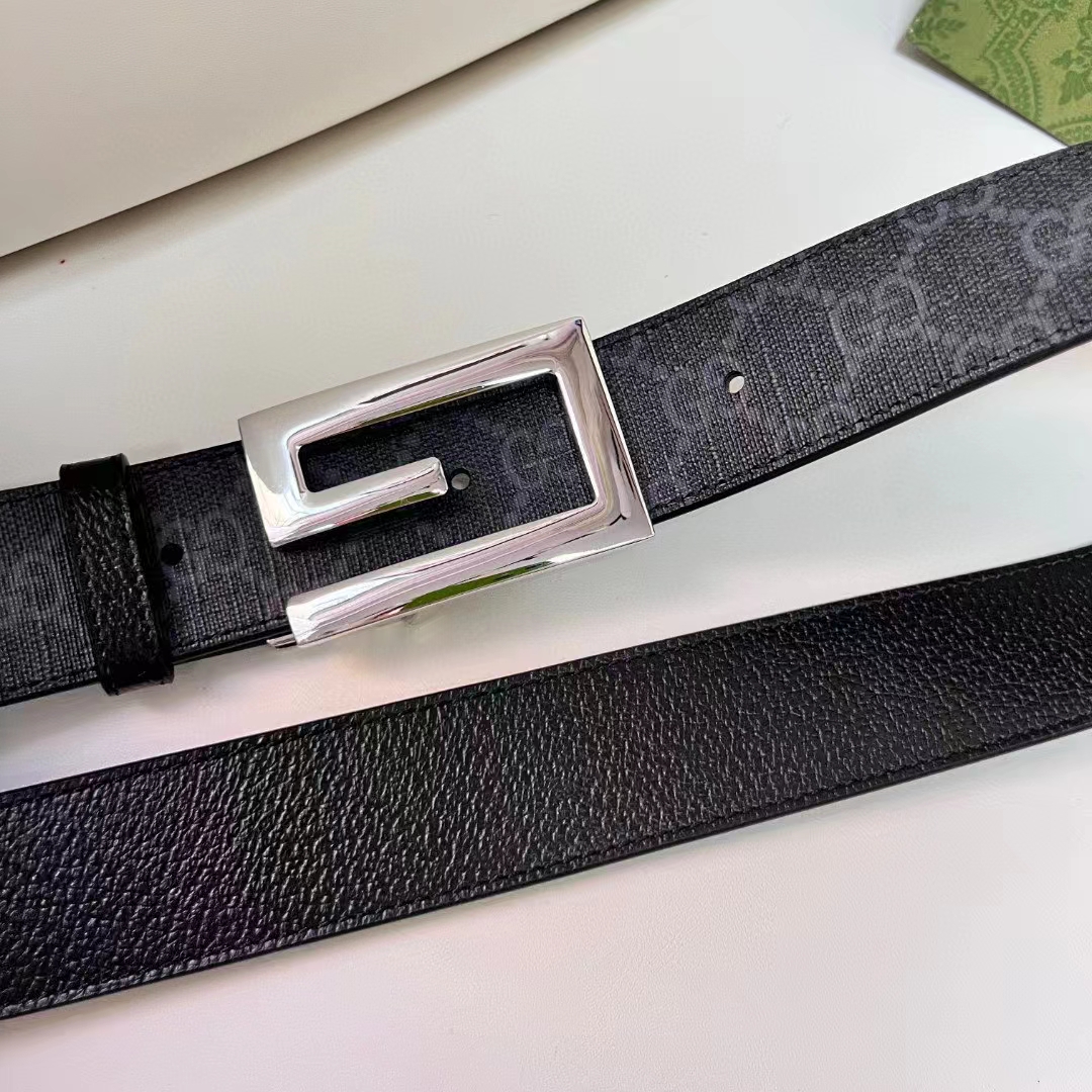 Gucci Unisex Reversible Belt Square G Buckle Black GG Supreme Canvas Reverses Leather