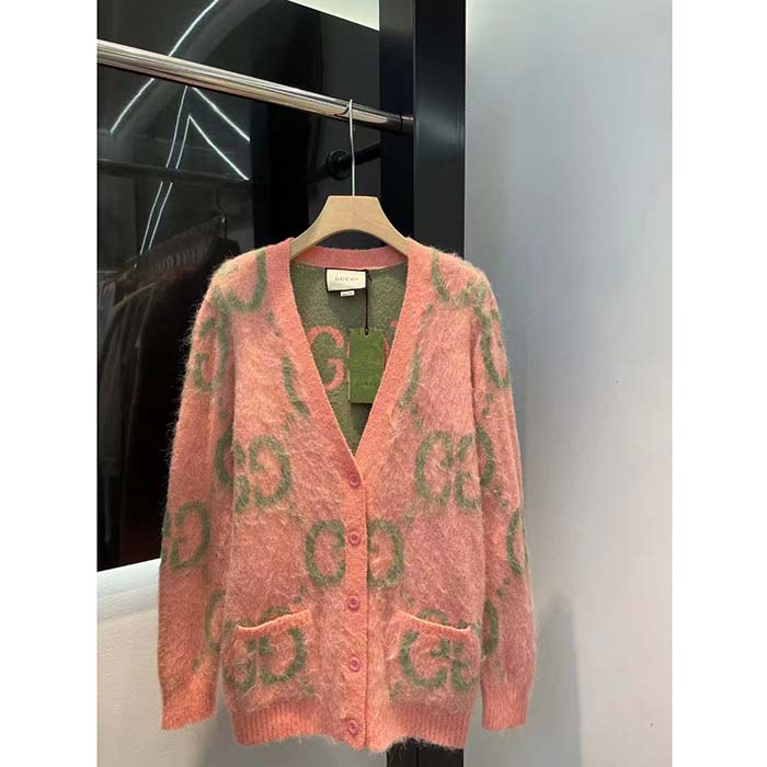 Gucci Women Reversible GG Mohair Cardigan Light Green Pink Brushed Jacquard Wool V-Neck