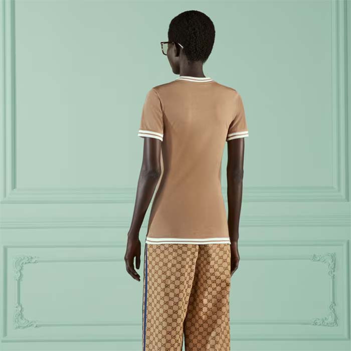 Gucci Women GG Adidas x Gucci Cotton T-Shirt Camel Jersey Trefoil Print Crewneck
