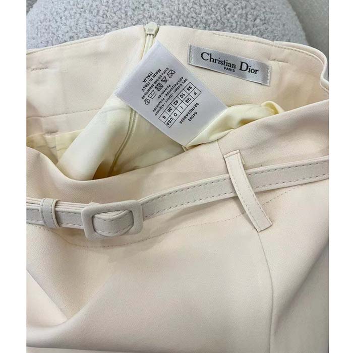 Dior Women CD Mid-Length Straight-Cut Skirt Ecru Wool Silk Waistband Side Vents