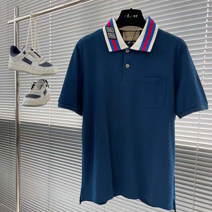 Gucci Women Cotton Piquet Polo Square GG Blue Collar Short Sleeves