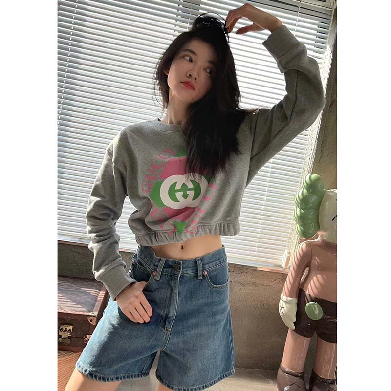 Gucci GG Women Cotton Jersey Sweatshirt Grey Heavy Felted Cotton Crewneck Long Sleeves