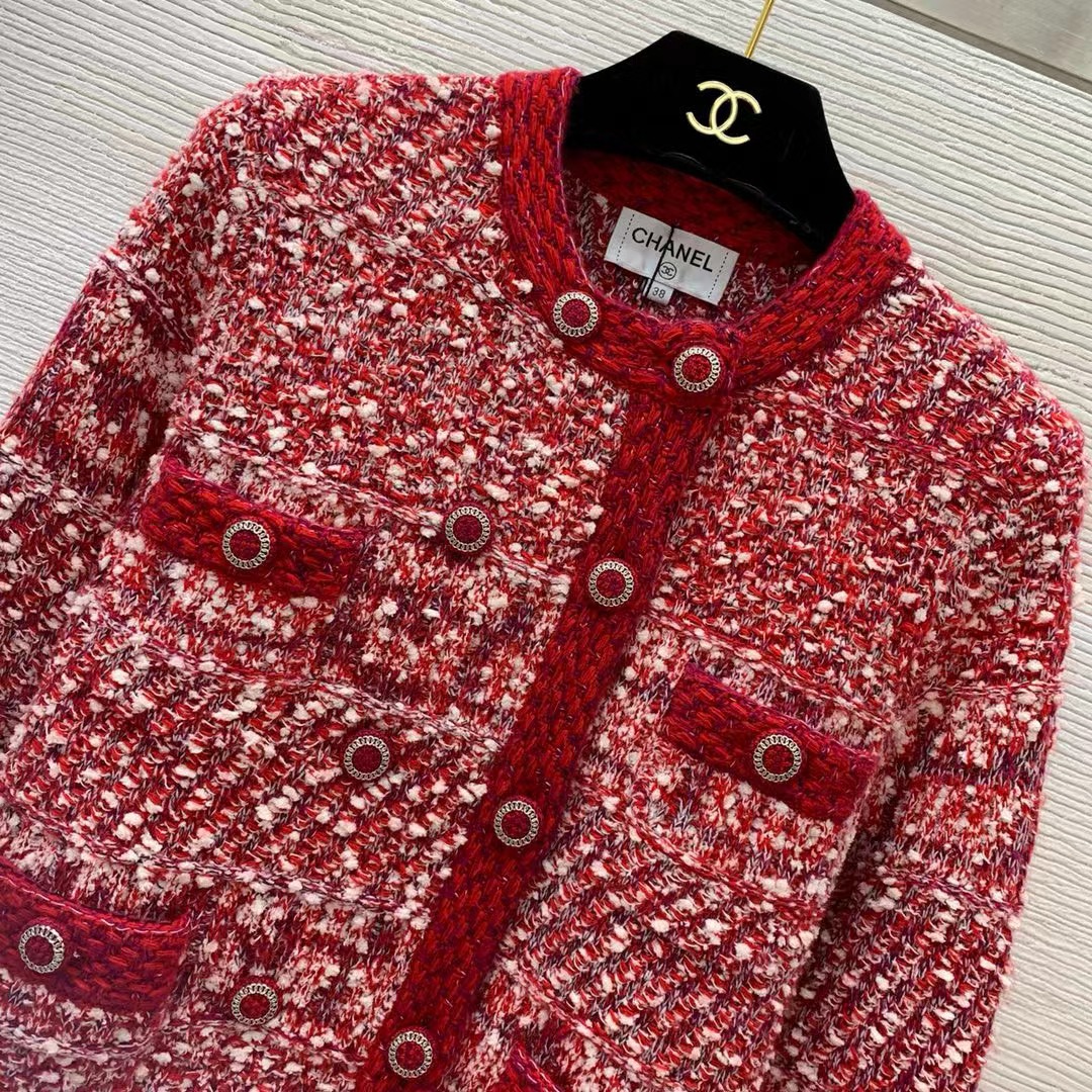 Chanel Women CC Coat Embroidered Cotton Wool Tweed Red White