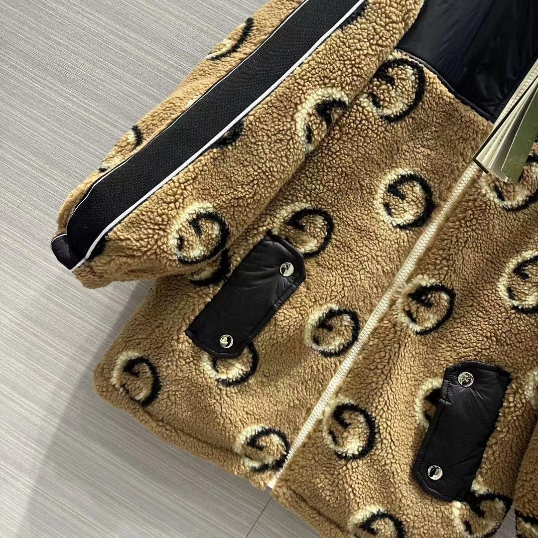 Gucci Women GG Wool Fleece Jacquard Zip Jacket Lined High Neck Dropped Shoulder Nylon Inserts