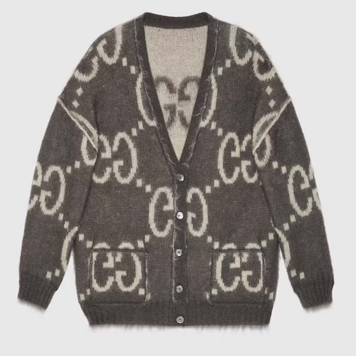 Gucci Men Reversible GG Mohair Cardigan Wool V-Neck Front Pockets