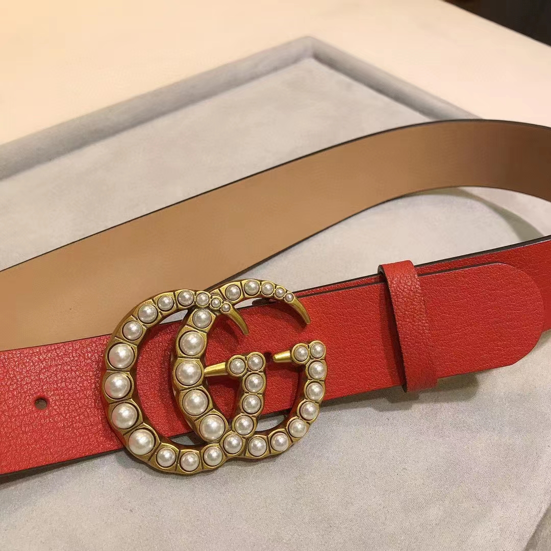 Gucci Unisex Leather Belt Pearl Double G Red 3.8 CM Width