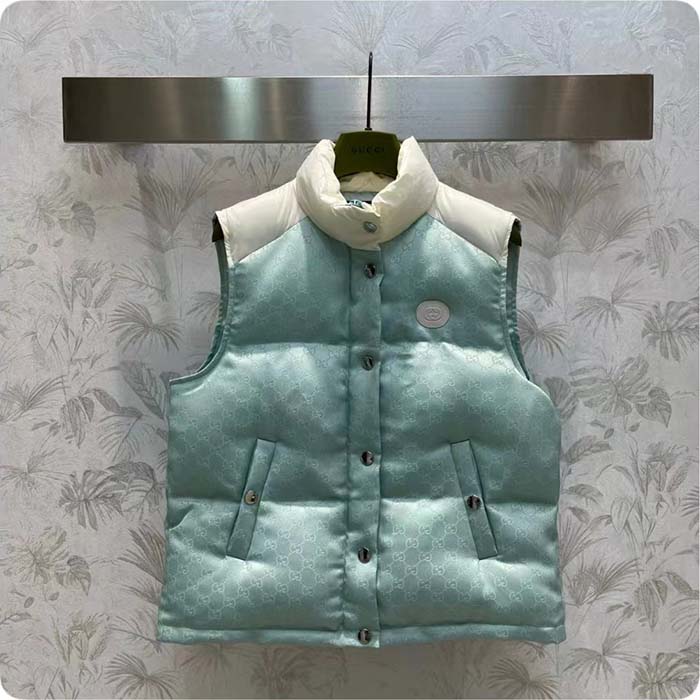 Gucci Women GG Cotton Canvas Padded Gilet Light Blue High Neck Interlocking G Sleeveless