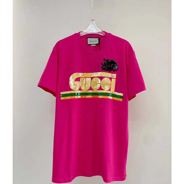 Gucci Men GG Cotton T-Shirt Skunk Embroidery Fuchsia Jersey Crewneck Short Sleeves