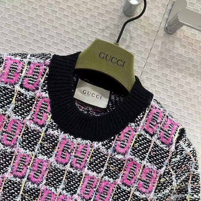 Gucci Women GG Cotton Dress Black Pink Blend Double G Buttons Intarsia Crewneck Short Sleeves