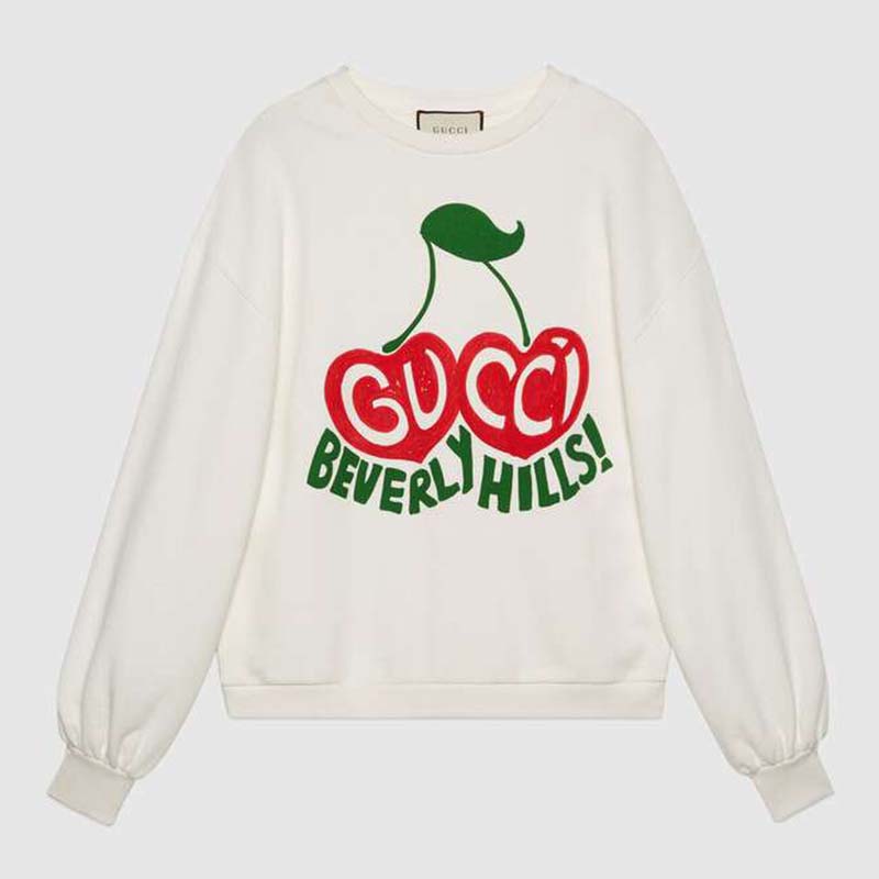 Gucci Women Beverly Hills Cherry Print Sweatshirt Cotton Jersey Crewneck Puff Sleeves-White