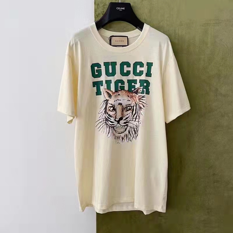 Gucci GG Women Gucci Tiger Cotton T-Shirt White Cotton Jersey Crewneck