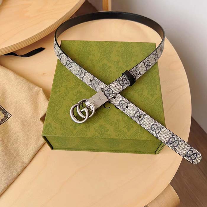 Gucci Unisex GG Marmont Reversible Thin Belt Beige Ebony GG Supreme Canvas Double G Buckle
