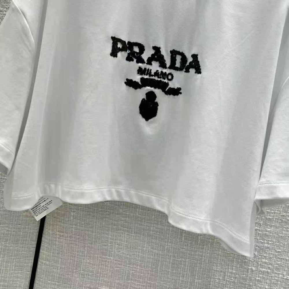 Prada Women Embroidered Interlock Crop T-shirt-White