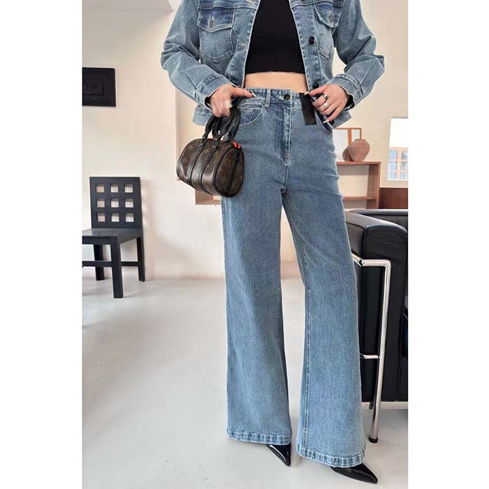 Louis Vuitton Women LV Wide-Leg Graphic Accent Jeans Cotton Blue Regular Fit 1AFFWE