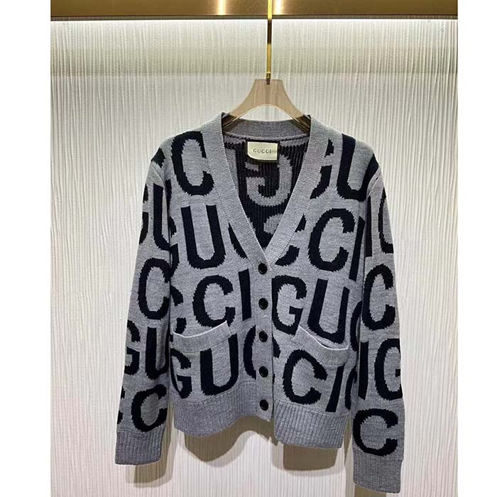 Gucci Women GG Cardigan Gucci Intarsia Grey Wool Blue V-Neck Dropped Shoulder Long Sleeves Two Pockets