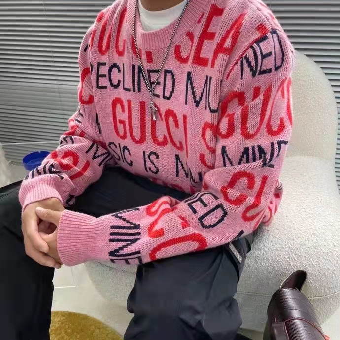 Gucci Men Gucci 100 Wool Sweater Pink Red Knit Wool Crew Neck