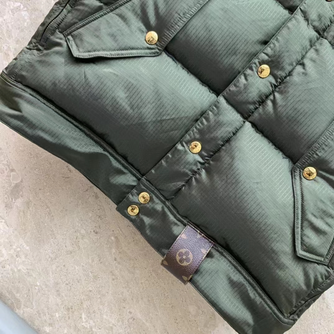 Louis Vuitton LV Women Leather Accent Sleeveless Puffer Jacket Khaki Beige Regular Fit