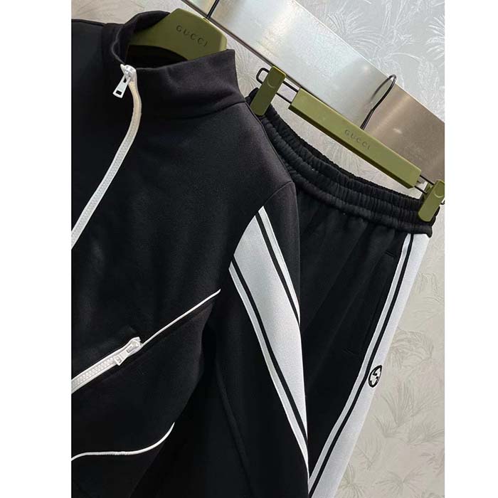 Gucci GG Women Cotton Jersey Zip Jacket Black Lightweight Felted Point Collar Long Sleeves