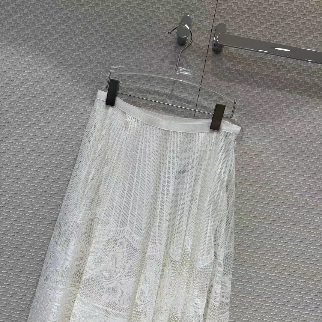 Dior Women CD Flared Mid-Length Skirt Ecru Technical Cotton Lace D-Lace Butterfly Motif