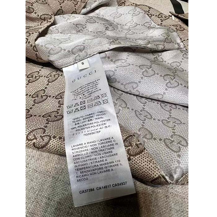 Gucci Women GG Supreme Print Beige Ebony Silk Piped Notch Collar Long Sleeves