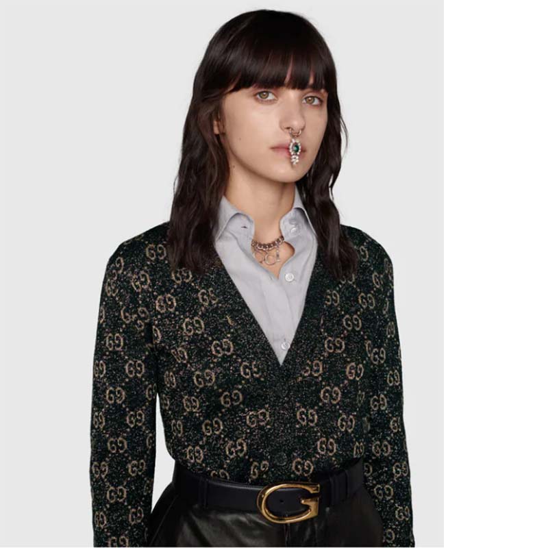 Gucci Women Lamé GG Jacquard Cardigan Black Beige Fine Cotton