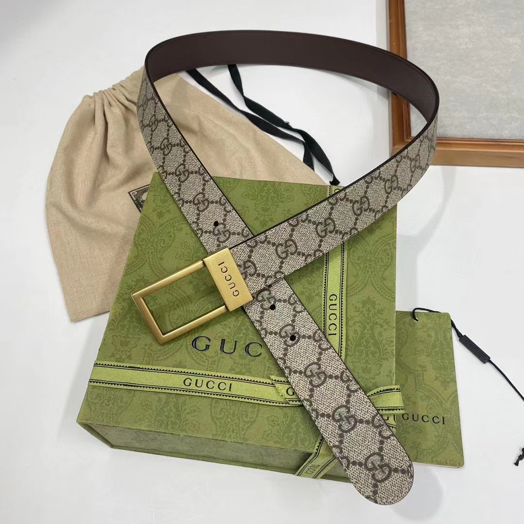 Gucci Unisex Belt Rectangular Buckle Beige Ebony GG Supreme Canvas 3.6 CM Width