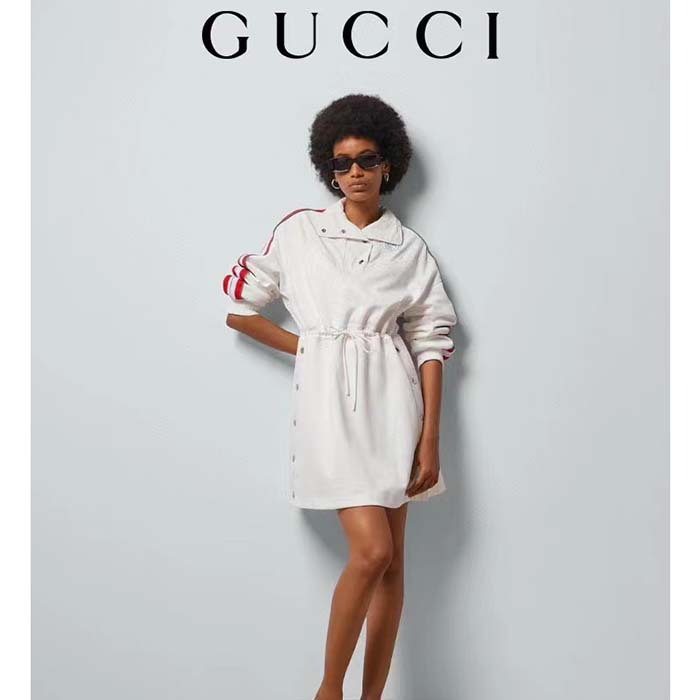 Gucci Women GG Technical Jersey Dress Web High Neck Dropped Shoulder Elastic Cuffs Drawstring Waist