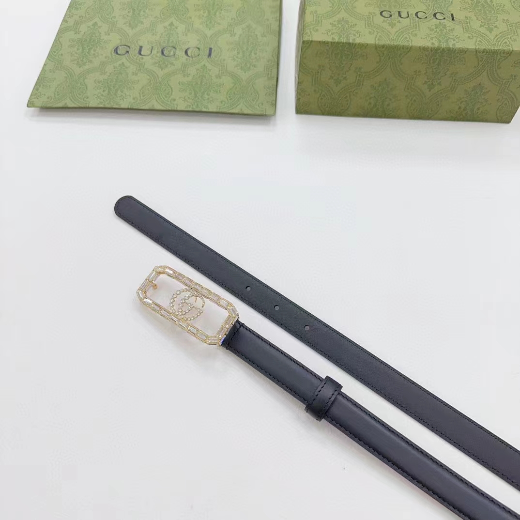 Gucci Unisex GG Thin Belt Crystal Double G Buckle Black Leather 2 CM Width