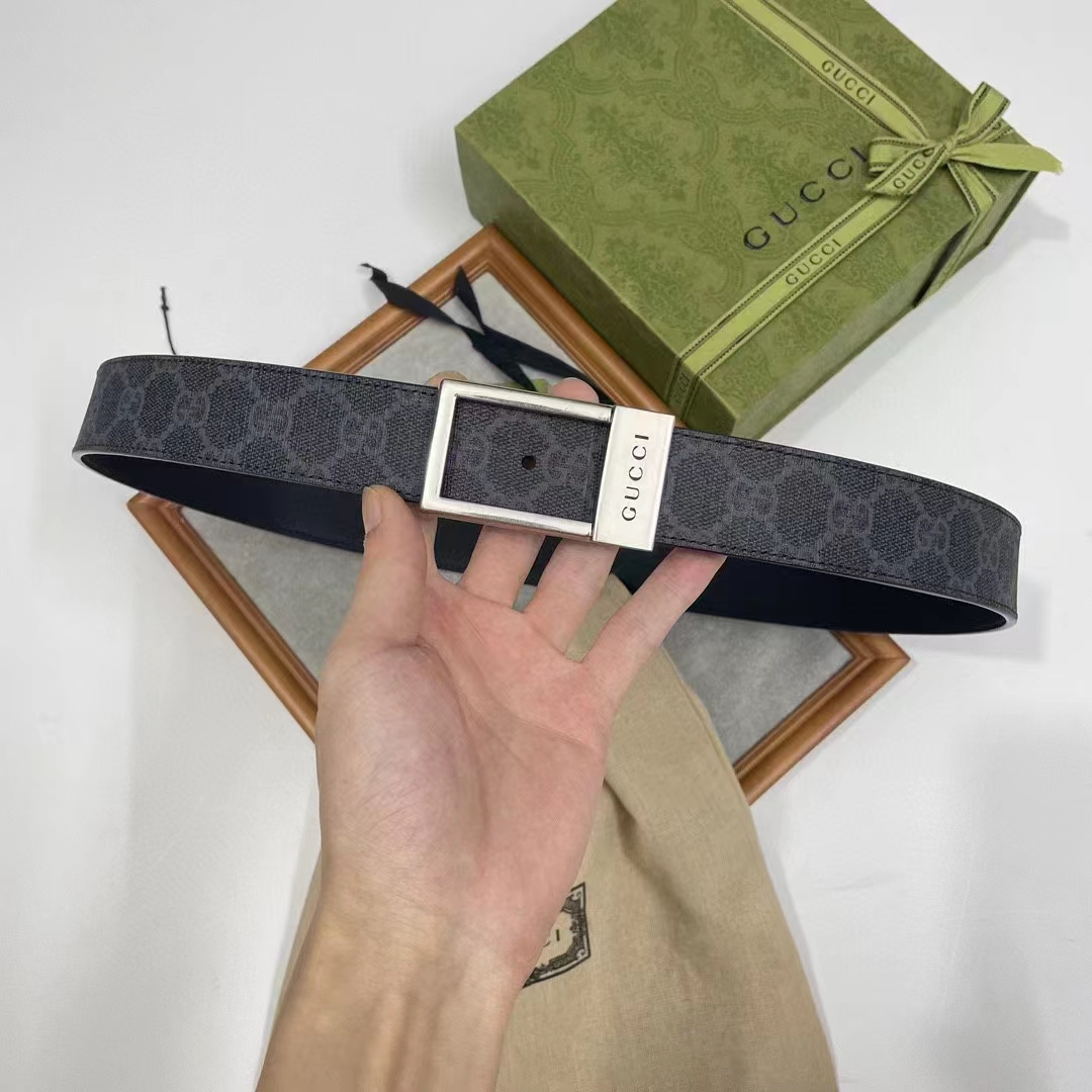 Gucci Unisex Belt Rectangular Buckle Black GG Supreme Canvas 3.6 CM Width