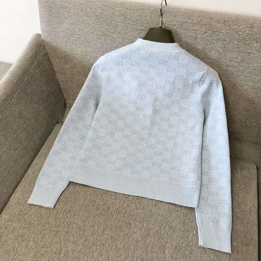 Gucci Women Fine Cotton GG Jacquard Cardigan-Light Blue 818735XKEOH