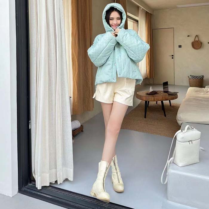 Gucci Women GG Canvas Hooded Bomber Jacket Pale Blue Two Side Pockets Padded Drawstring Hem