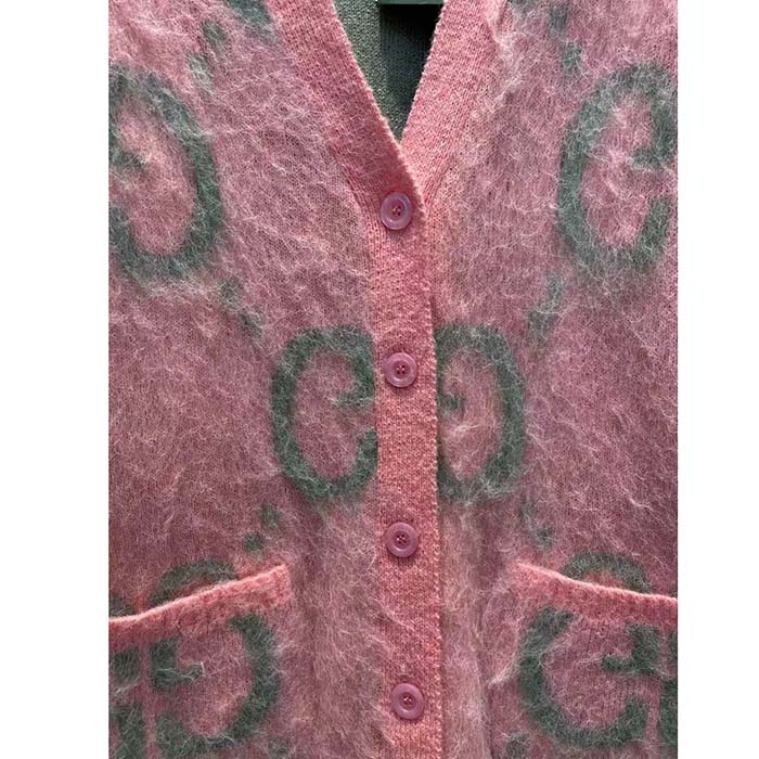Gucci Women Reversible GG Mohair Cardigan Light Green Pink Brushed Jacquard Wool V-Neck