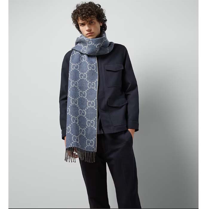 Gucci Unisex GG Jacquard Knit Scarf Tassels Navy Brown Wool