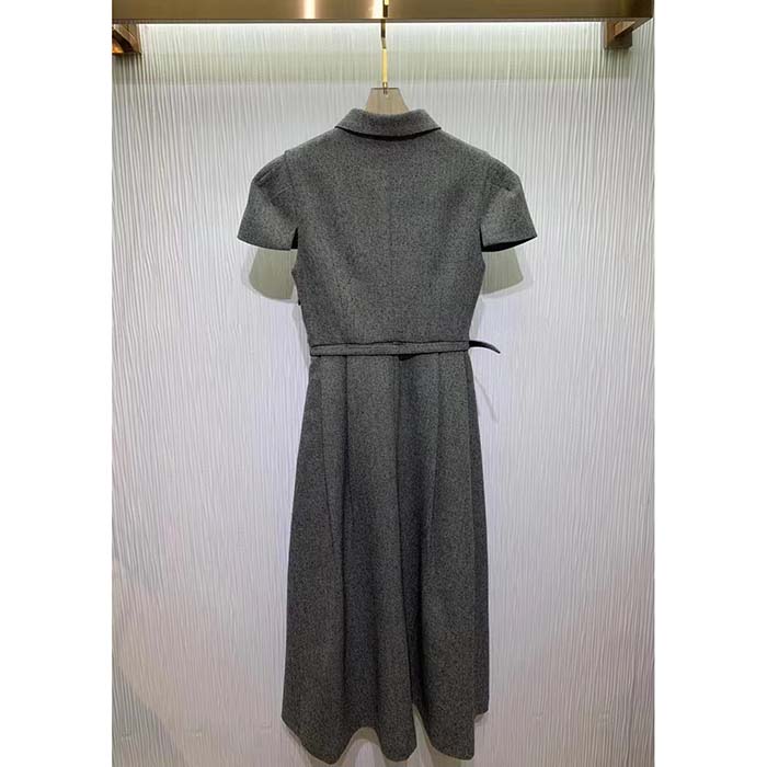 Dior Women CD Belted Mid-Length Dress Gray Virgin Wool Tweed