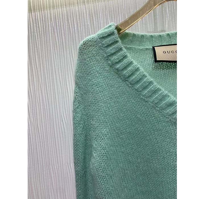 Gucci Women GG Wool Mohair Sweater Crystal G Blue V-Neck Dropped Shoulder Long Sleeves