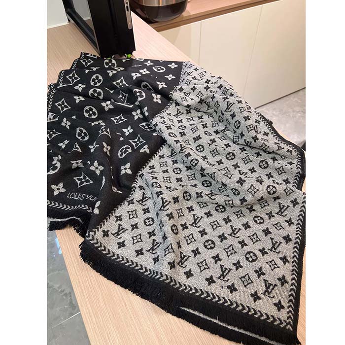 Louis Vuitton LV Unisex Simply LV Scarf Black Fringed Finish Contrasting Monogram Motif