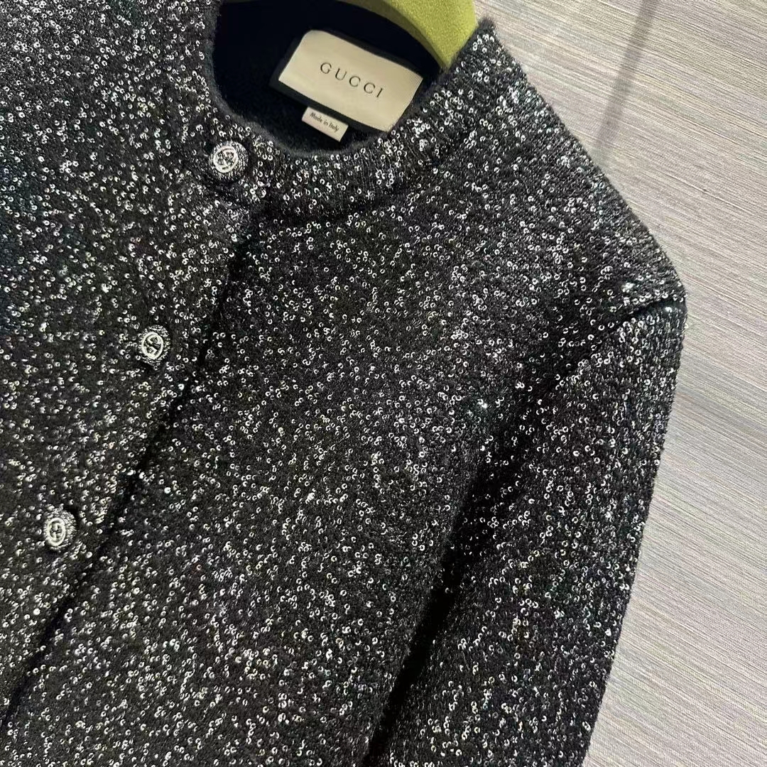 Gucci Women GG Viscose Knit Cardigan Blend Sequin Embroidery Silver Crewneck Long Sleeves