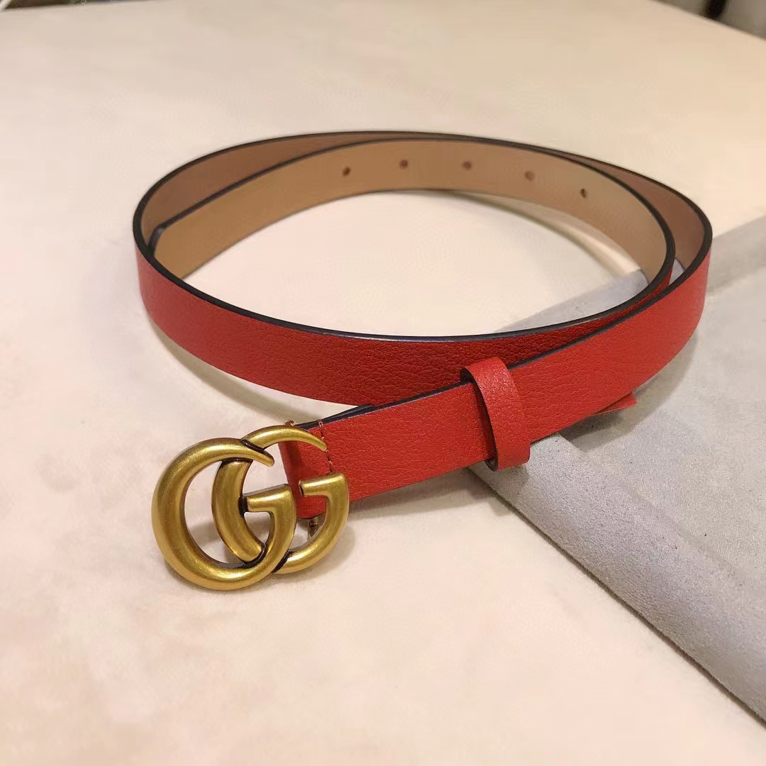 Gucci Unisex Marmont Reversible Thin Belt Red Leather Double G Buckle
