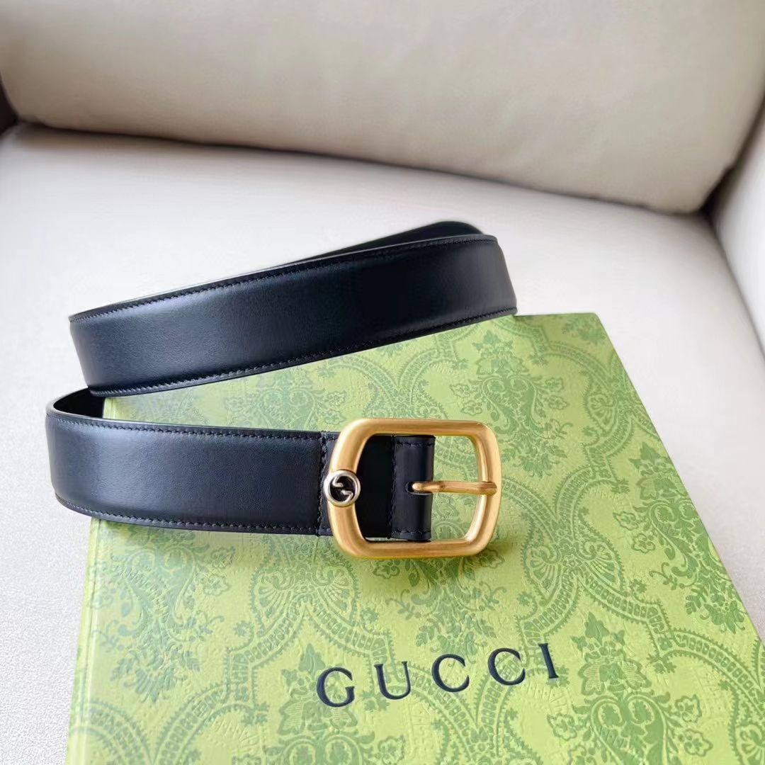 Gucci Unisex GG Belt Rectangular Buckle Black Leather Antique Brass Hardware 3 CM Width