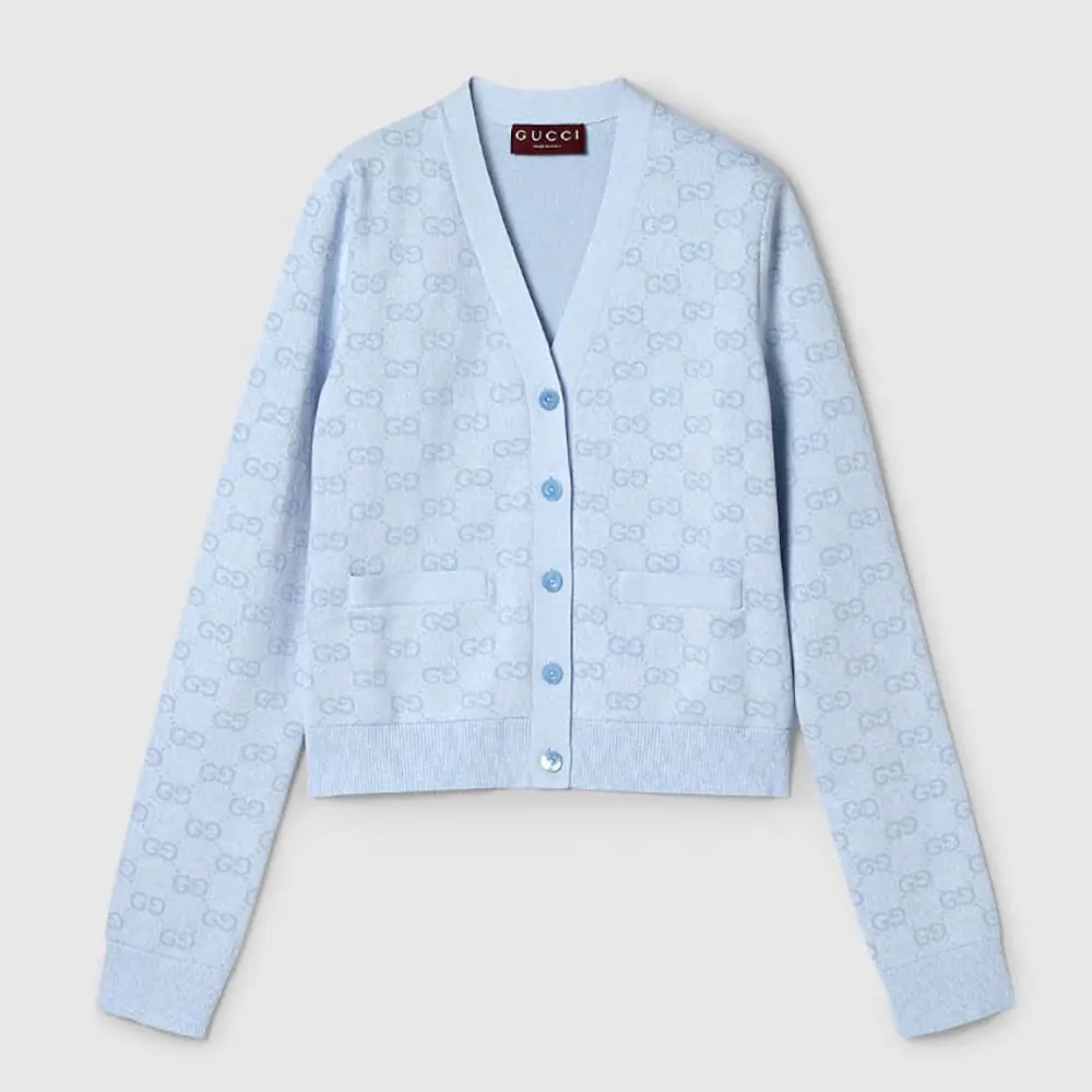 Gucci Women Fine Cotton GG Jacquard Cardigan-Light Blue 818735XKEOH
