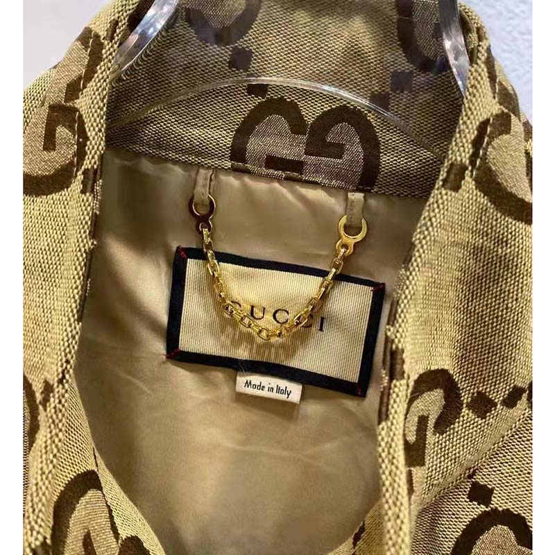 Gucci Women Jumbo GG Canvas Jacket Beige Ebony Jumbo Cotton Wool Leather