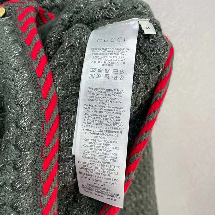 Gucci Women GG Cable Knit Wool Jacket Dark Green Cable Knit Wool Green Red Stripe