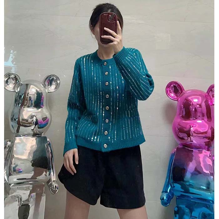 Gucci Women GG Mohair Silk Cardigan Teal Blend Sequin Embroidery Crewneck Long Sleeves