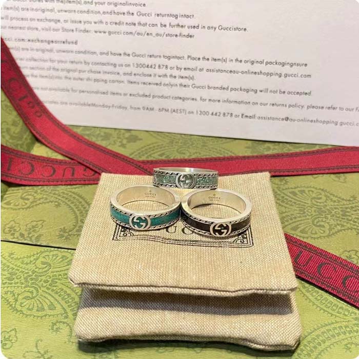 Gucci Unisex GG Ring Interlocking G 925 Sterling Silver Turquoise Enamel Textured Trim