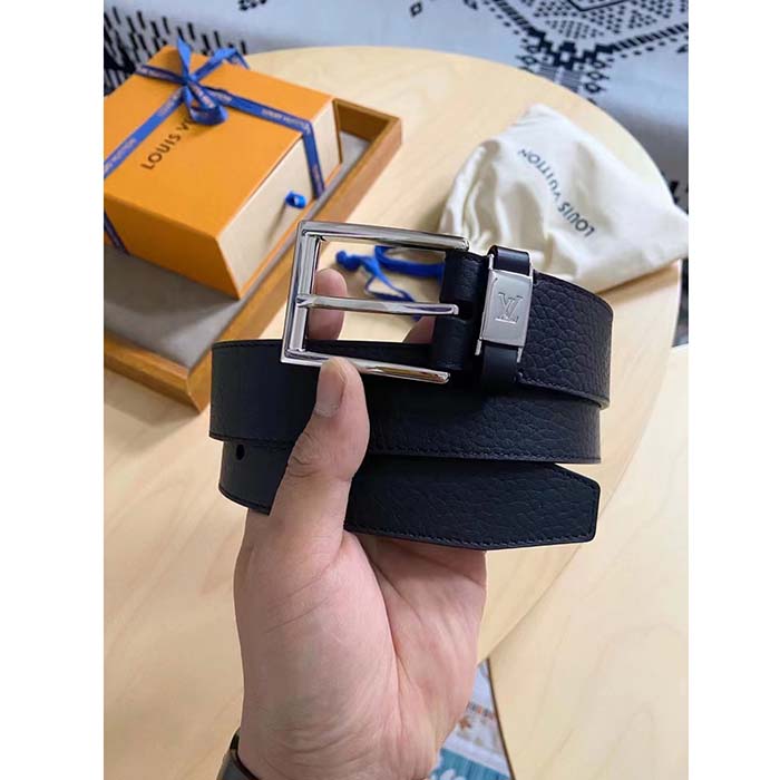 Louis Vuitton Unisex Pont Neuf 35 MM Width Black Taurillon Leather Belt LV Logo